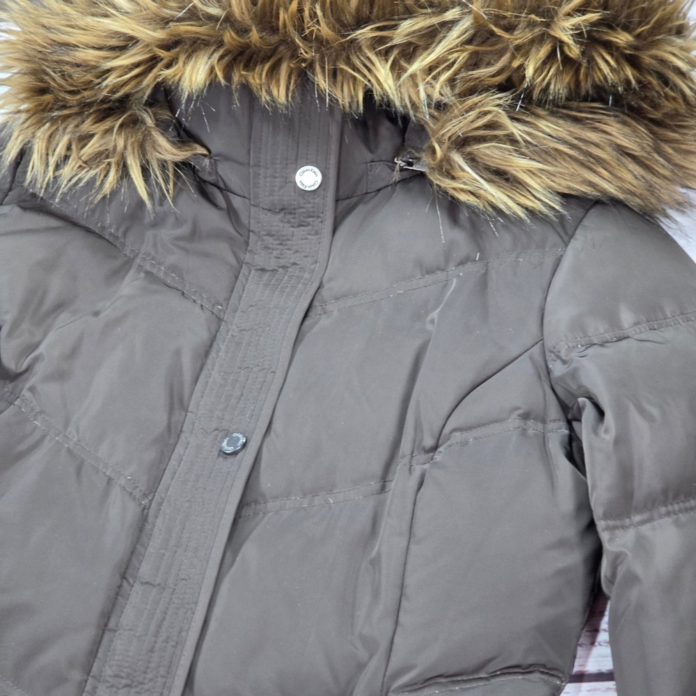 Calvin Klein Puffer Jacket Women XS Brown Excellent Down Detachable Hood Coat